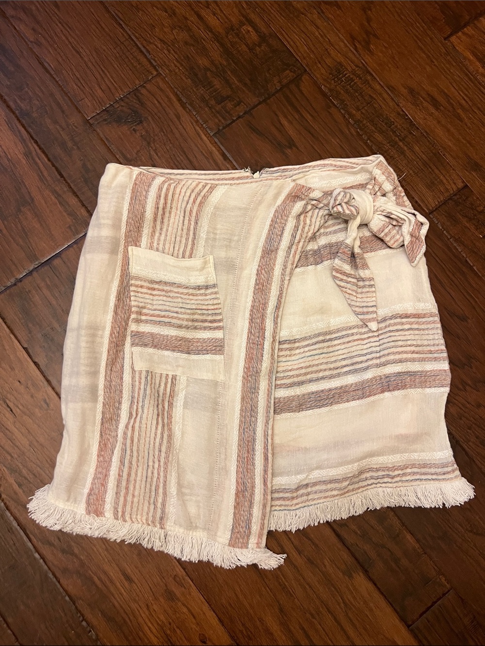 HOLDING HORSES Striped Tie-Waist Fringe Mini Skirt in Cream and Blush